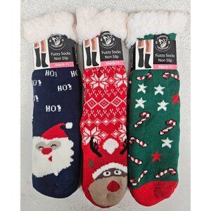 Women Thick Winter Fuzzy Socks Non-Slip Grip, Cozy Christmas Designs 3-Pack 6-11